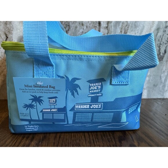 Trader Joe's Bag BLUE w Green Zipper Mini Lunch Insulated Tote Bag NEW Fast Ship - Picture 3 of 9